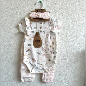 Rabbit + Bear 6-9 Months Onesie And Pink Gingham Pants 3 Piece Set